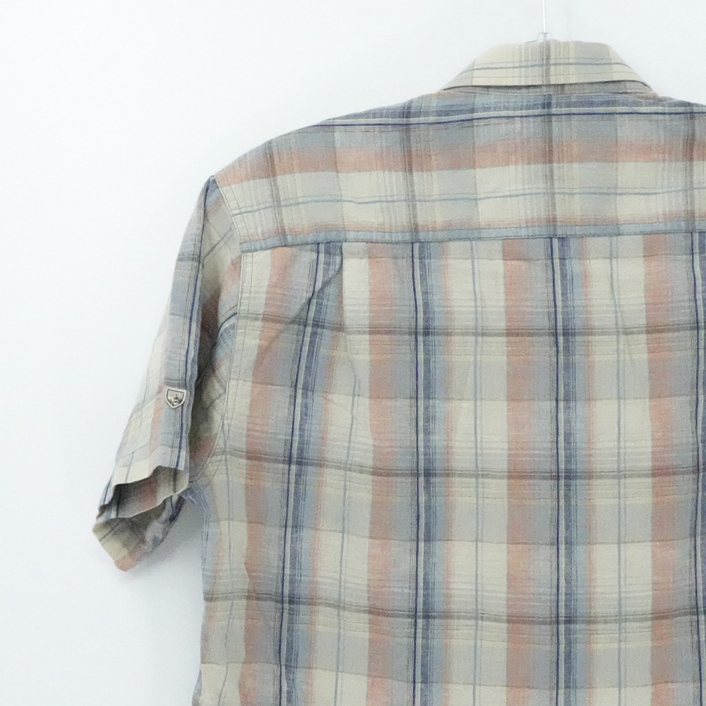 Kuhl Shirt Mens Large Beige Blue Plaid Short Sleeve‎ Linen Blend Outdoors Gorp - Picture 8 of 15